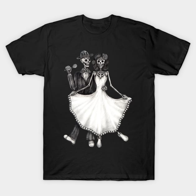 Sugar skull couple wedding sing a song celebration day of the dead. T-Shirt by Jiewsurreal